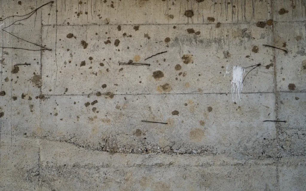 Spalled concrete with rusted reinforcing bars exposed, the kind of damage cut out during a garage spall repair