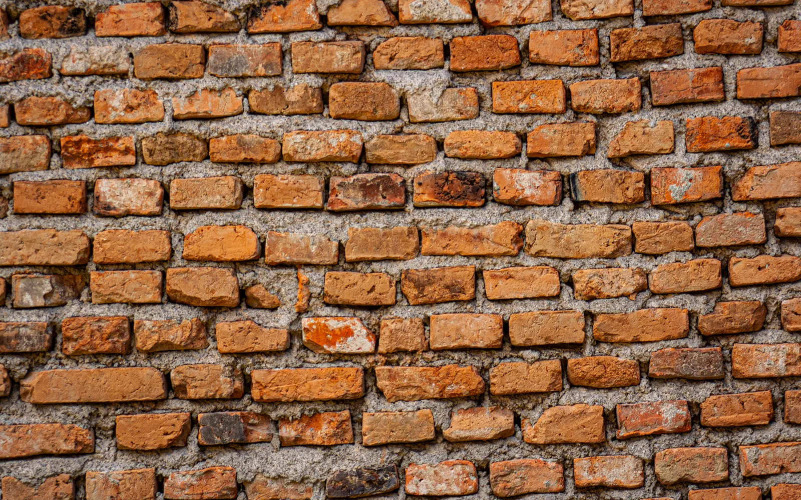 Weathered brick with worn, recessed mortar joints, the condition a parapet observation flags for repointing